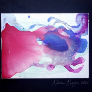 Tableau abstrait bleu rose coulures peinture liquide
