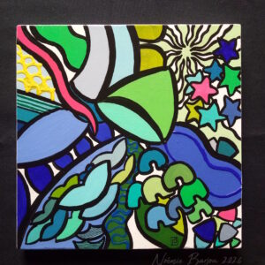 Tableau abstrait peint à l'acrylique dans les tons bleu et vert.